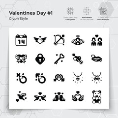 Valentine's day icon set in glyph black fill style with a love and heart theme