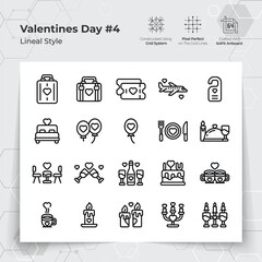 Valentine's day icons set in black line style with holiday traveling and dinner themed.