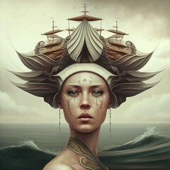 Fantasy portrait of a female warrior with a ship on her head. Image generated by ai, Generative AI - 570570859