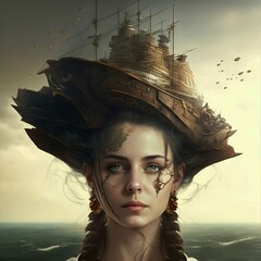 Fantasy portrait of female warriors with a ship on her head. Image generated by ai, Generative AI