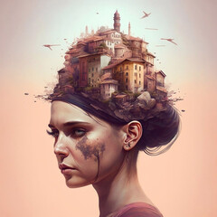 Fantasy portrait of a woman with a town on her head. Image generated by ai, Generative AI - 570570884