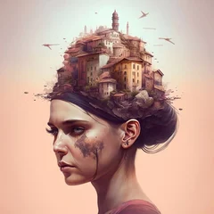 Foto op Plexiglas Schilderkunst Fantasy portrait of a woman with a town on her head. Image generated by ai, Generative AI
