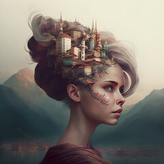 Fantasy portrait of a blonde with a town on her head. Image generated by ai, Generative AI