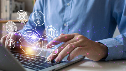 Chat with AI, Artificial Intelligence concept.Person hand using laptop with ai intelligent mind brain in cyberspace for coding software development.Science, Innovation and futuristic.