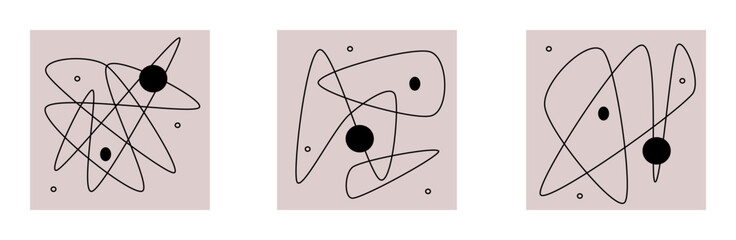 set of abstract minimalist art in square design, abstract minimalistic compositions in black white and rose, minimalist wall art, abstract design for wall decoration, brochures and postcards