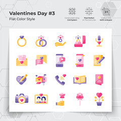 Valentine's day icons set in flat color style with wedding gifts and chat themed