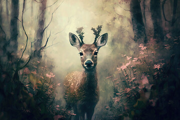Deer in forest, leaves, trees, oil painting, brush strokes texture. Generative AI.