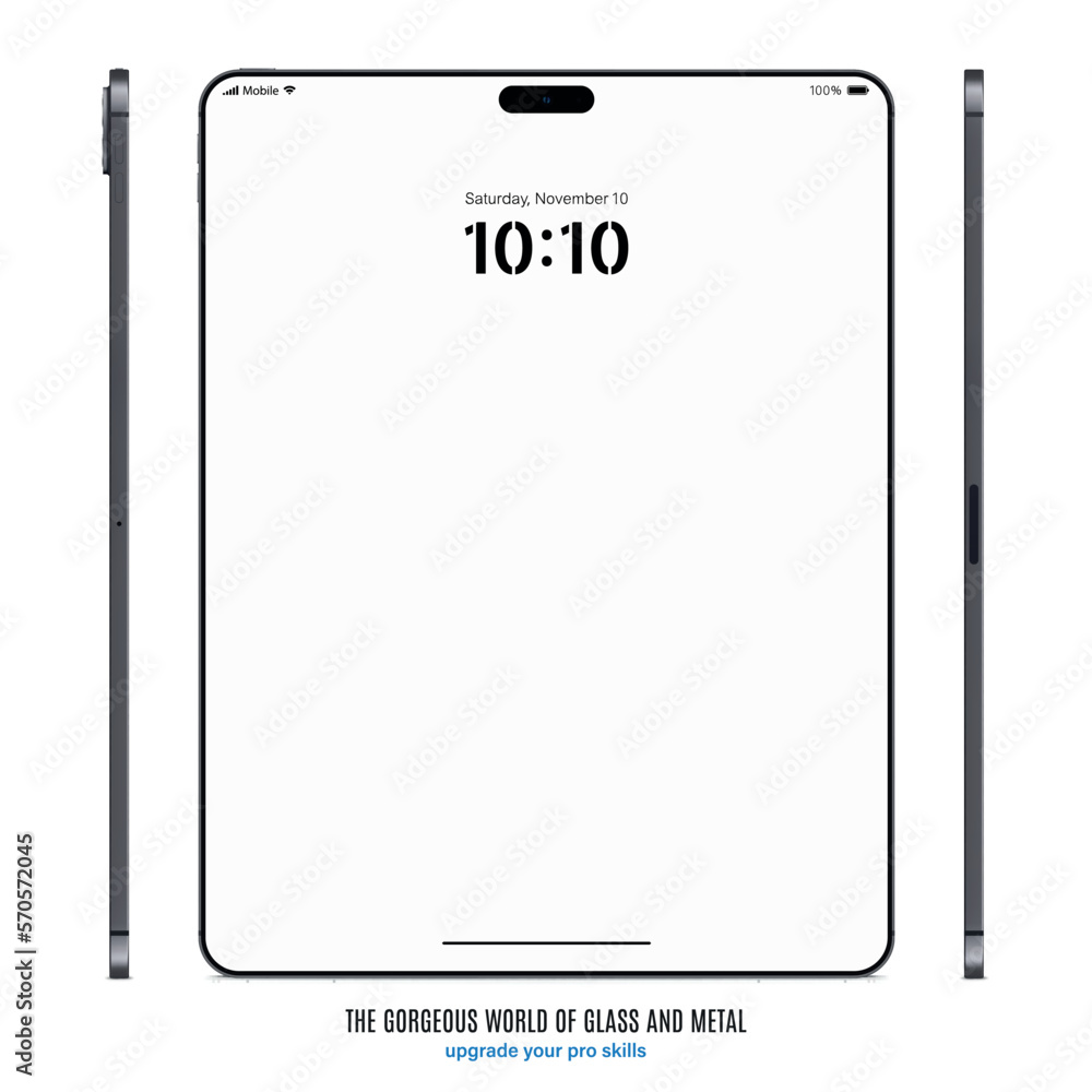 Aufkleber new frameless tablet grey color with blank touch screen saver front and side view isolated on white 