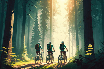 Three bicyclists on a bicycle trip through the forest, illustration, generative AI