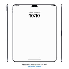 new frameless tablet grey color with blank touch screen saver front and side view isolated on white background. mockup of realistic and detailed device with shadow. vector illustration