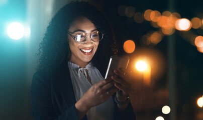 Business, black woman and phone with night bokeh lights for communication and network connection. Entrepreneur person in dark office for social media, networking or mobile app for online review chat - obrazy, fototapety, plakaty