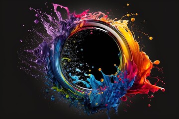 Abstract circle liquid motion flow explosion. Curved wave colorful pattern with paint drops on black background - obrazy, fototapety, plakaty