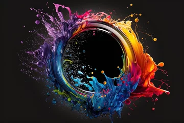 Fotobehang Abstract circle liquid motion flow explosion. Curved wave colorful pattern with paint drops on black background © Aleksey