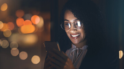 Night, black woman and business phone with bokeh lights for communication network connection. Happy...