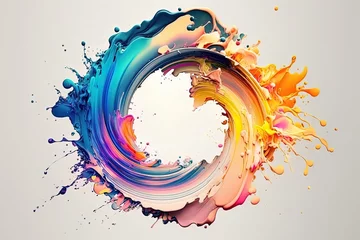 Poster Im Rahmen Abstract circle liquid motion flow explosion. Curved wave colorful pattern with paint drops on white background © Aleksey