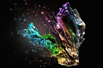 Abstract prism crystal mineral with colorful paint explosions drops and flow motions on dark background.