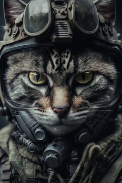 Closeup photo of a cat dressed in army combat clothes. Generative AI
