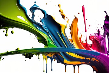 Abstract liquid motion flow explosion. Curved wave colorful pattern with paint drops.