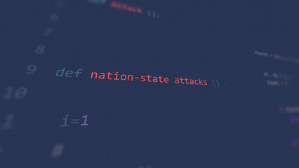Cyber attack nation-state attacks vunerability in text ascii art style, code on editor screen.