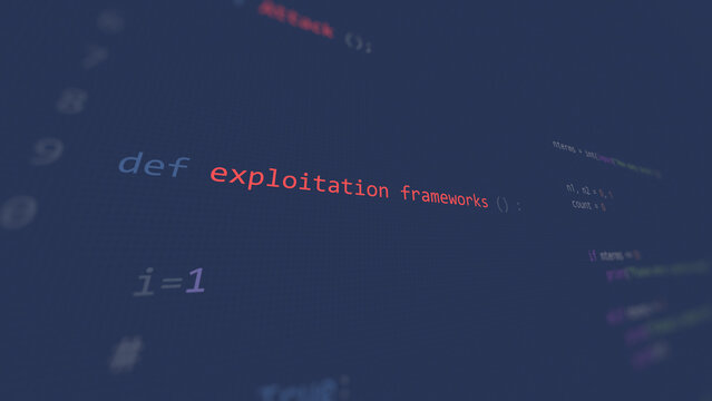 Cyber attack exploitation frameworks vunerability in text ascii art style, code on editor screen.