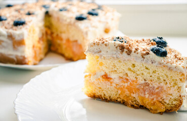 Cream sponge cake on a plate