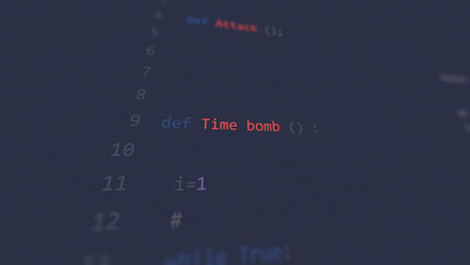 Cyber attack time bomb vunerability in text ascii art style, code on editor screen.
