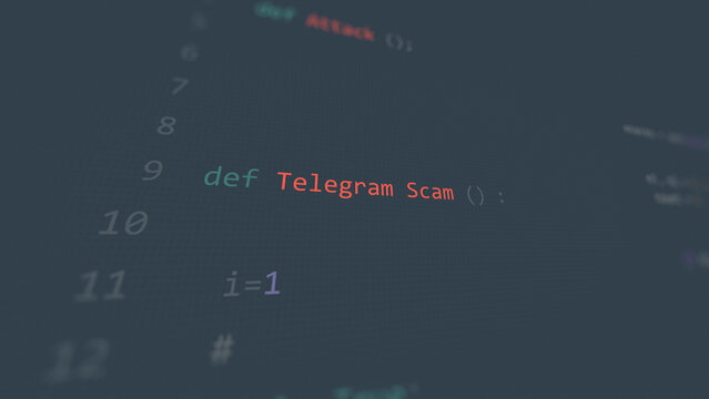 Cyber attack telegram scam vunerability in text ascii art style, code on editor screen.