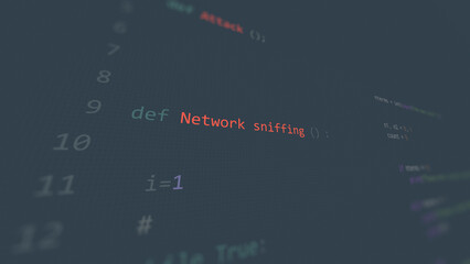 Naklejka premium Cyber attack Network sniffing vunerability in text ascii art style, code on editor screen.