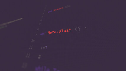 Cyber attack Metasploit vunerability in text ascii art style, code on editor screen.