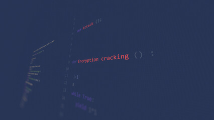 Cyber attack Encryption cracking vunerability in text ascii art style, code on editor screen.