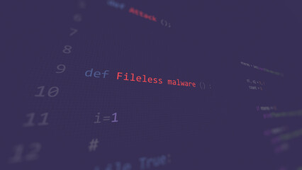 Cyber attack Fileless malware vunerability in text ascii art style, code on editor screen.