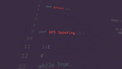 Cyber attack GPS Spoofing vunerability in text ascii art style, code on editor screen.