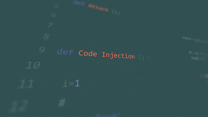 Cyber attack Code Injection vunerability in text ascii art style, code on editor screen.