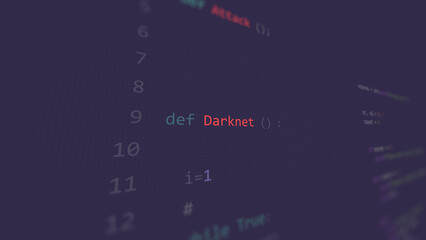Cyber attack Darknet vunerability in text ascii art style, code on editor screen.