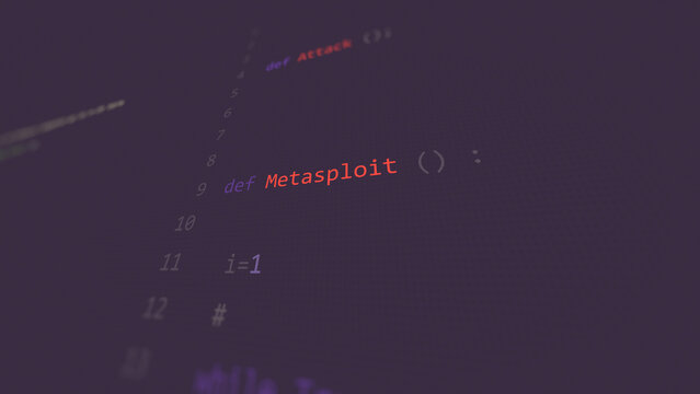 Cyber attack Metasploit vunerability in text ascii art style, code on editor screen.