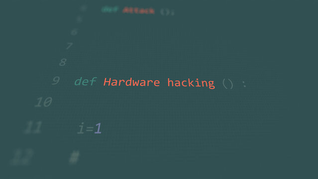 Cyber attack Hardware hacking vunerability in text ascii art style, code on editor screen.