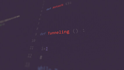 Cyber attack Tunneling vunerability in text ascii art style, code on editor screen.