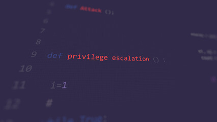 Cyber attack privilege escalation vunerability in text ascii art style, code on editor screen. - obrazy, fototapety, plakaty