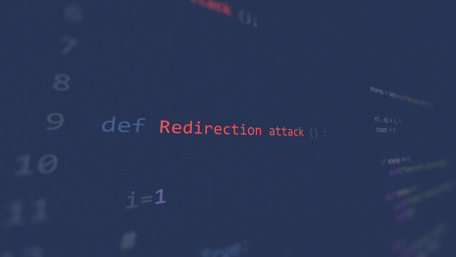 Cyber attack redirection attack vunerability in text ascii art style, pirate hack code on editor screen.