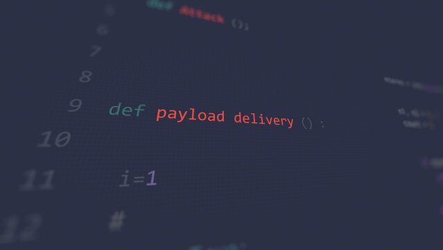 Cyber attack payload delivery vunerability in text ascii art style, code on editor screen.