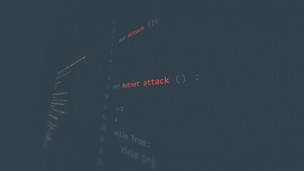 Naklejka premium Cyber attack Botnet attack vunerability in text ascii art style, code on editor screen.