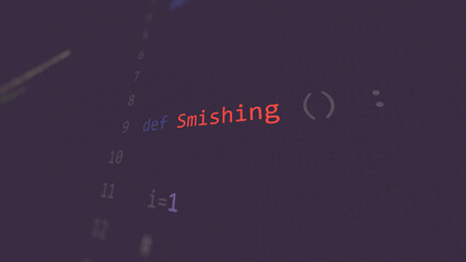 Cyber attack Smishing vunerability in text ascii art style, code on editor screen.