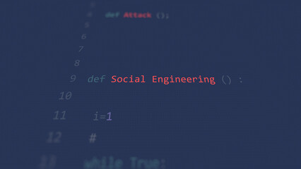 Cyber attack Social Engineering vunerability in text ascii art style, code on editor screen.