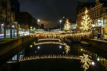 The Hague, Netherlands Christmas lights over a canal at night.