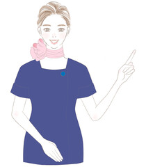 笑顔で指差し紹介する制服姿の女性上半身イラスト