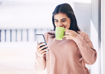 Student, phone or drinking coffee in house, home or penthouse apartment on social media app, internet or dating website. Happy smile, woman and relax tea cup, mobile blog or communication with mockup