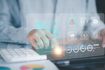 Businessman checking the steps through a virtual online document with a list of checkboxes Concepts of practices and policies, company articles of association Terms and Conditions, Finding errors.