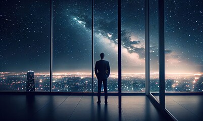 Back view of businessman suit standing at office looking at night city through panoramic window. Generative AI - obrazy, fototapety, plakaty