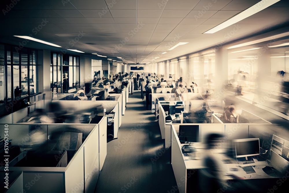 Wall mural Long exposure shot of modern office lobby with business people. Generative AI