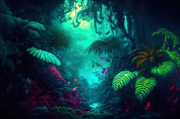Fototapeta na wymiar Neon Rainforest with many carnivorous plants and dense vegetation
